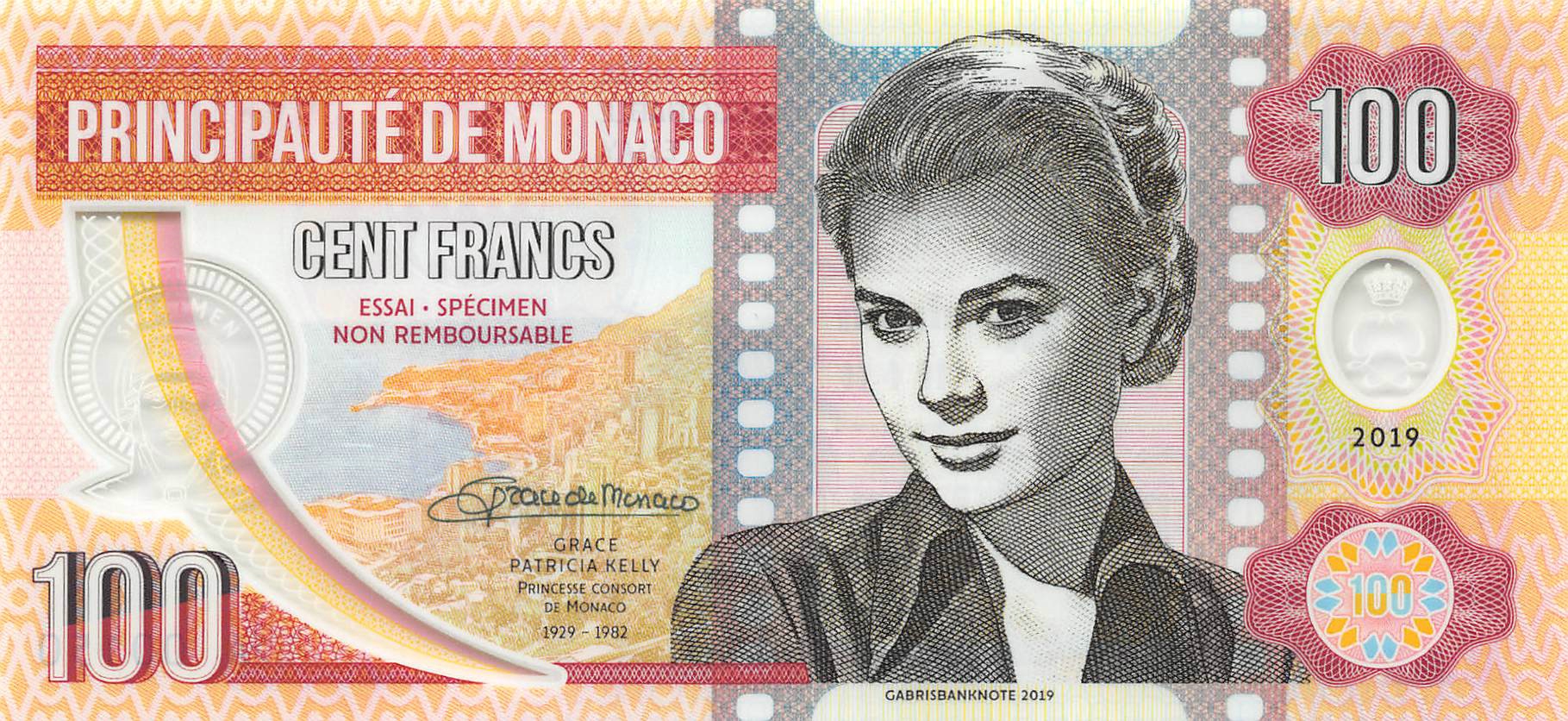 100 Francs 2019 Private Issue Clear Window Polymer > Grace Kelly Monaco