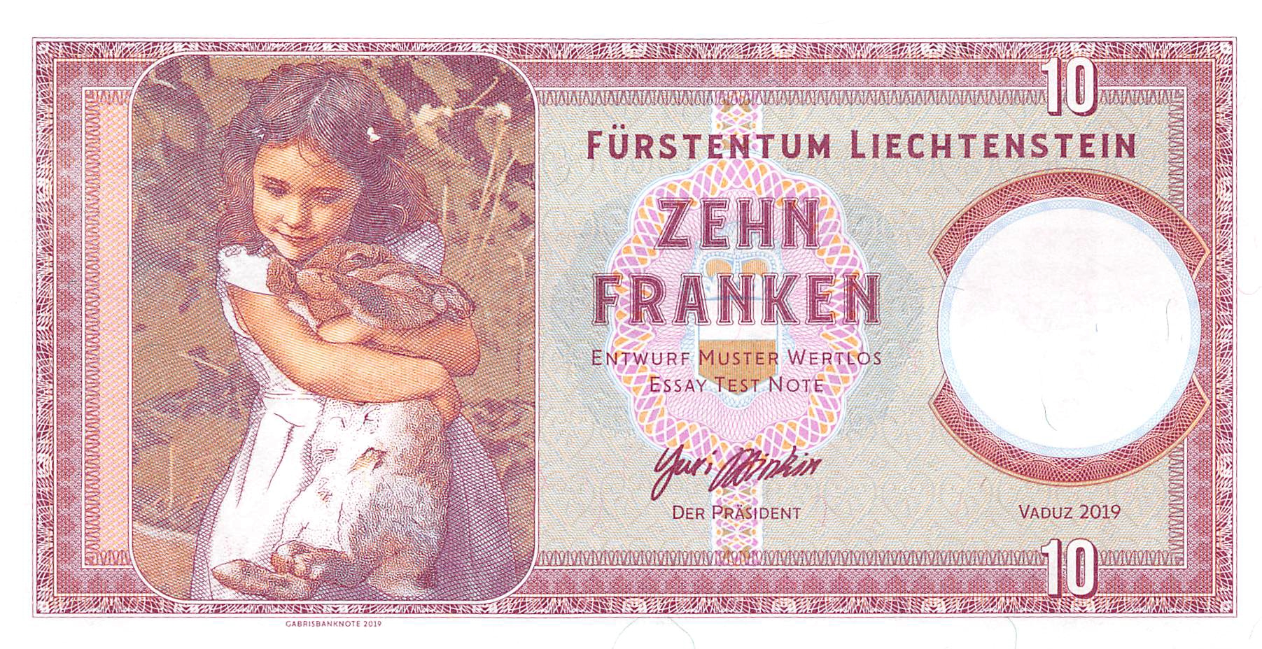 Limited ZZ-Prefix Liechtenstein 10 Francs 2019 Private issue Girl with a rabbit