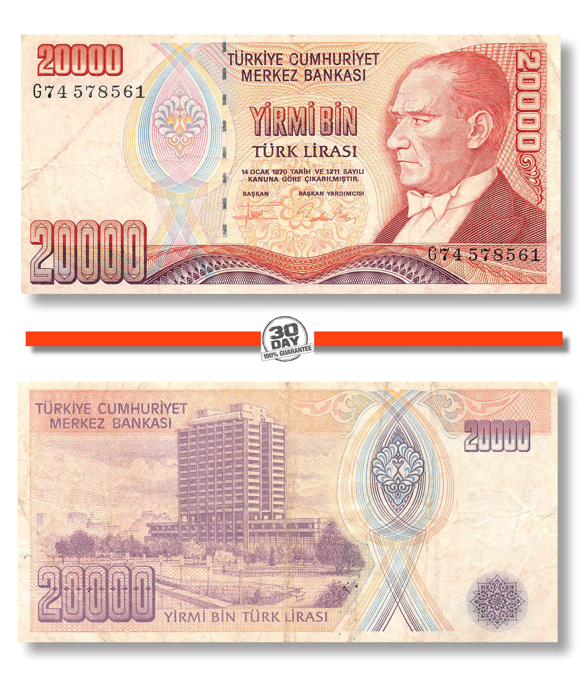 Ataturk Ankara 1995 UNC Central Bank building Turkey P202 20,000 Lirasi