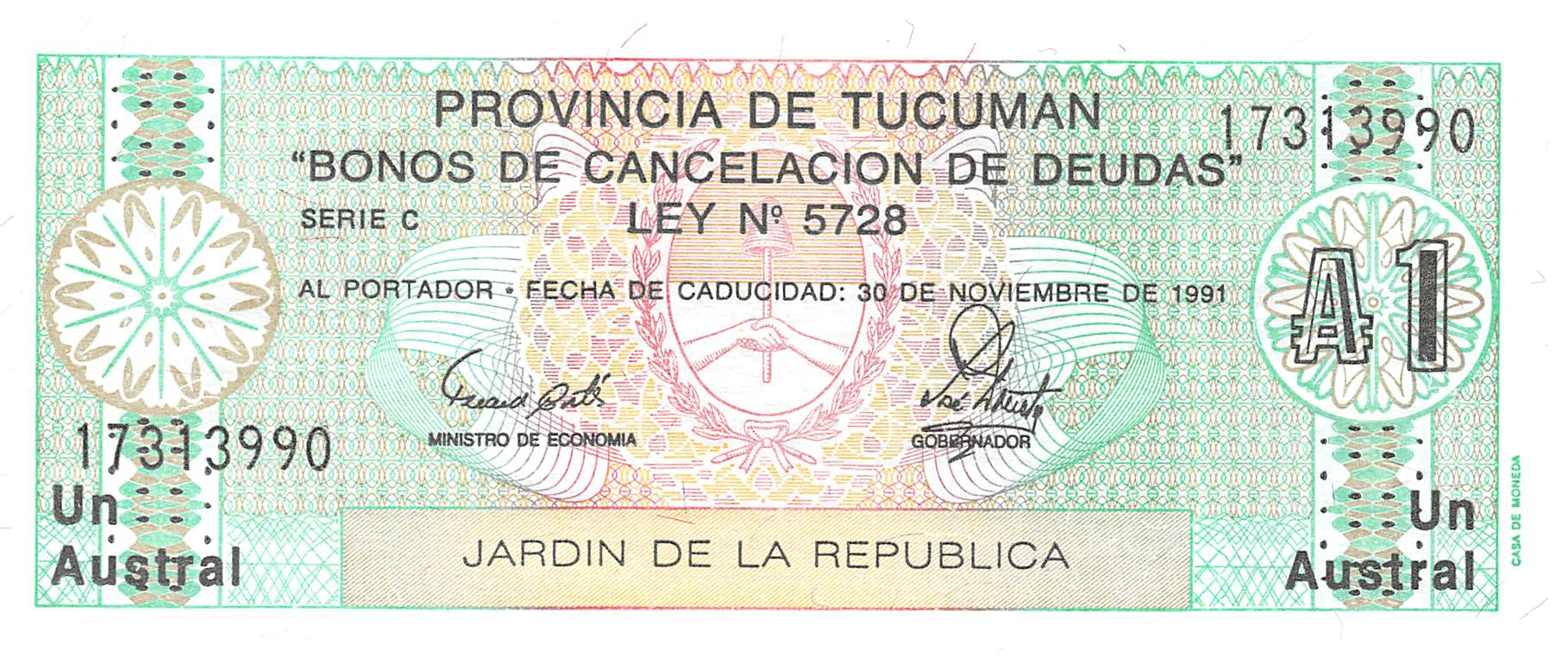 Argentina 1 Austral P-S2711 Lot 5 PCS 1991 Local money paper note UNC 