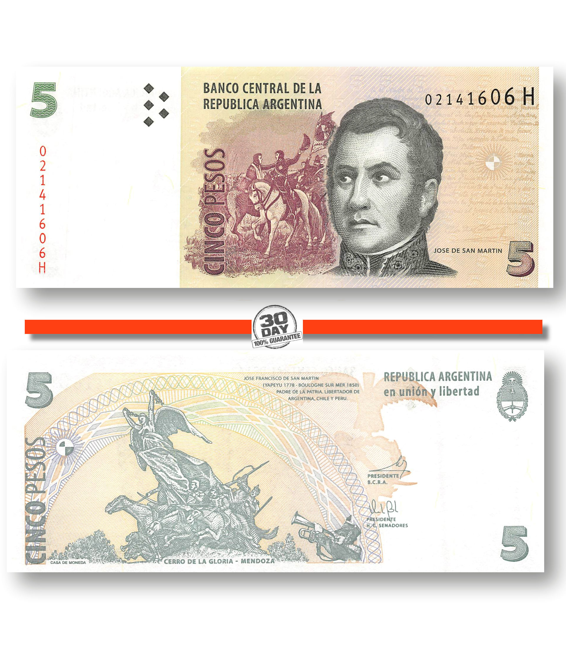 ND P-353 Paper Money ARGENTINA UNC 5 Pesos Banknote 2002 