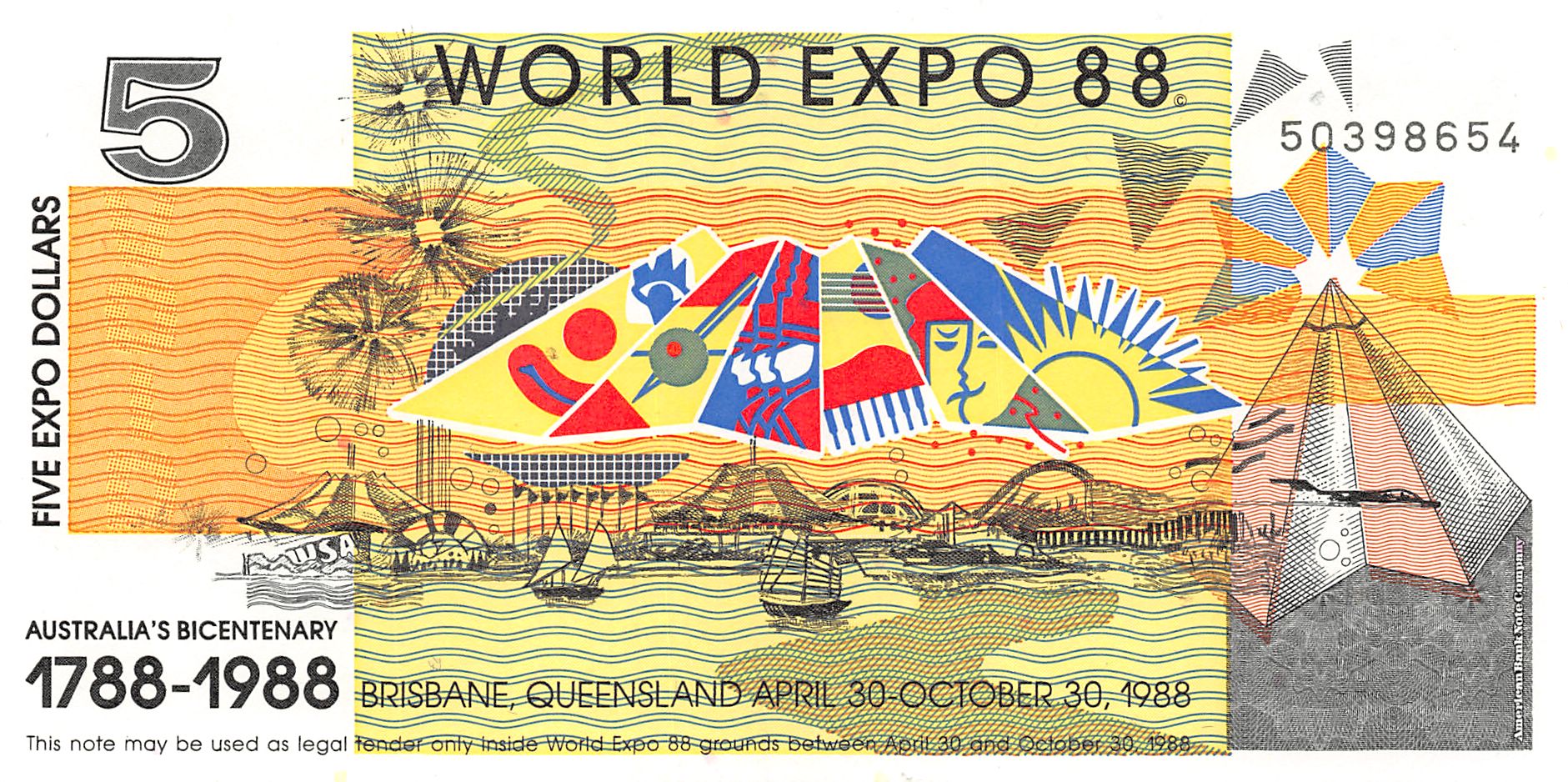 5 экспо. Australia Expo 1988. World Expo 1988 купюра 5 долларов. 5 Долларов 1988 года. 5 Долларов Австралия банкнота.