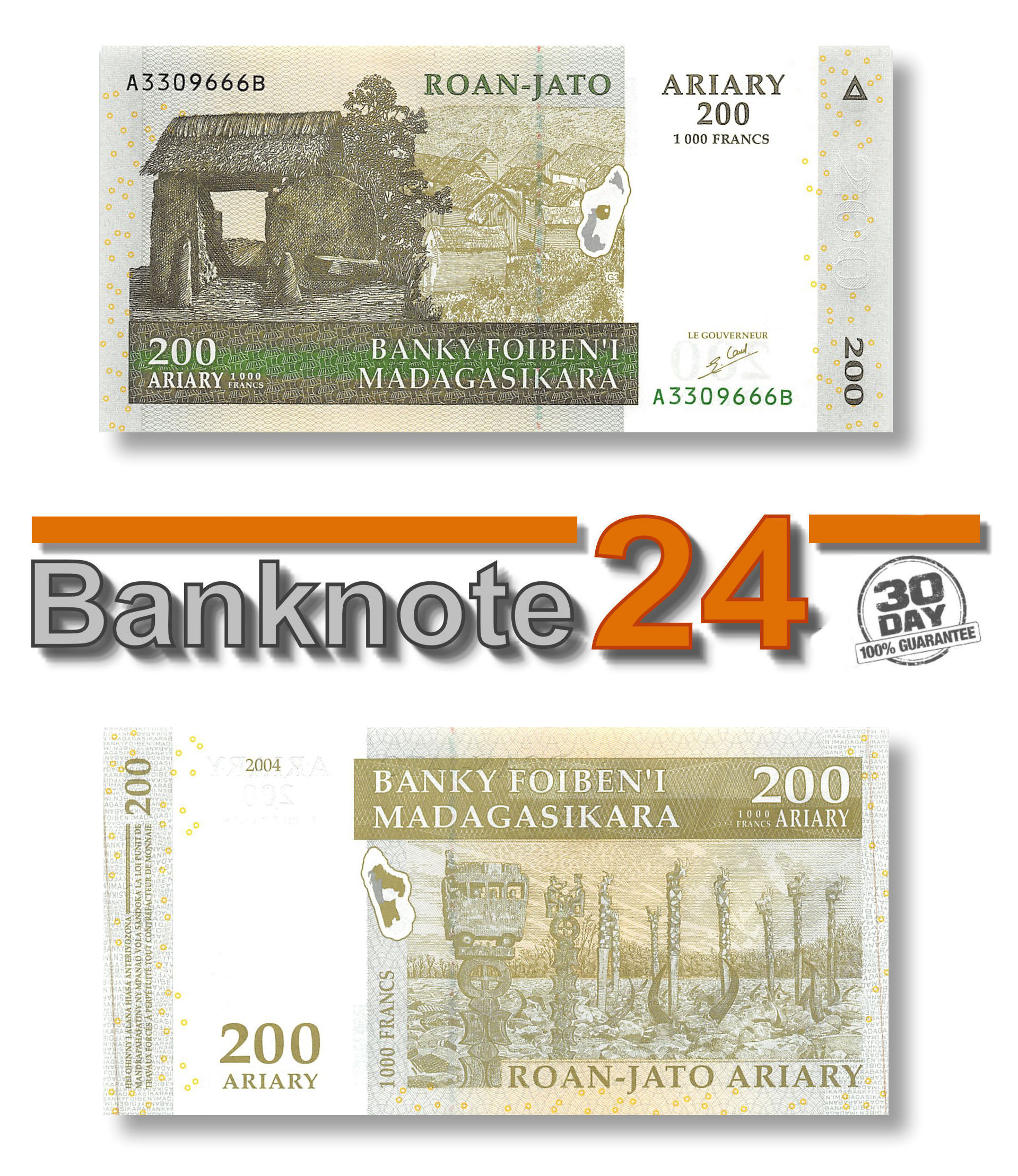 F 200 Ariary P87 UNC Banknote 2004 Madagascar Village R Monuments