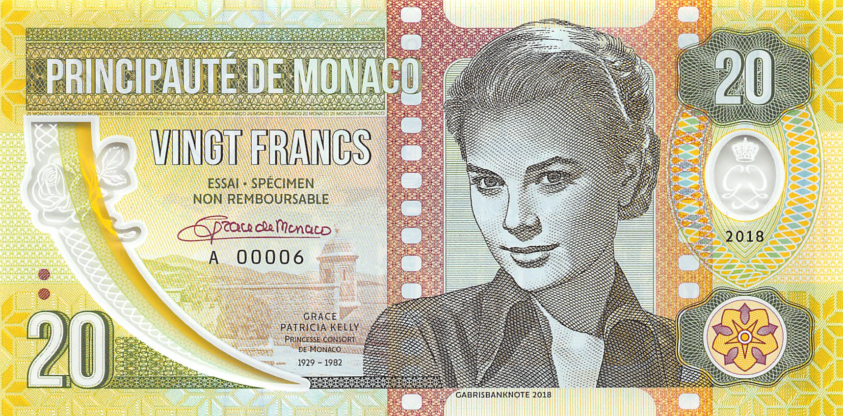 100 Francs 2019 Private Issue Clear Window Polymer > Grace Kelly Monaco