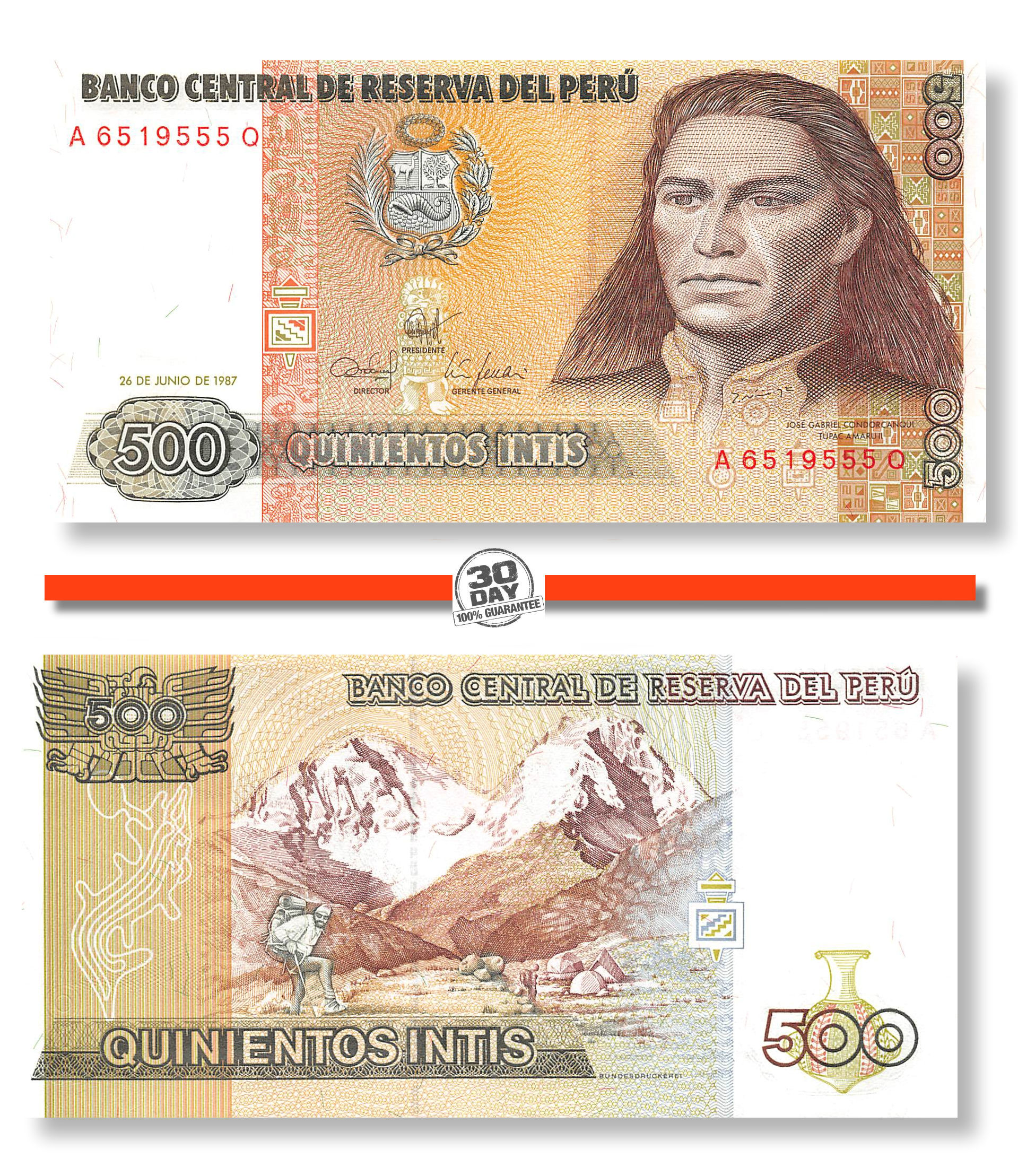 1987 Peru 500 Intis UNC P134b Banknotes 