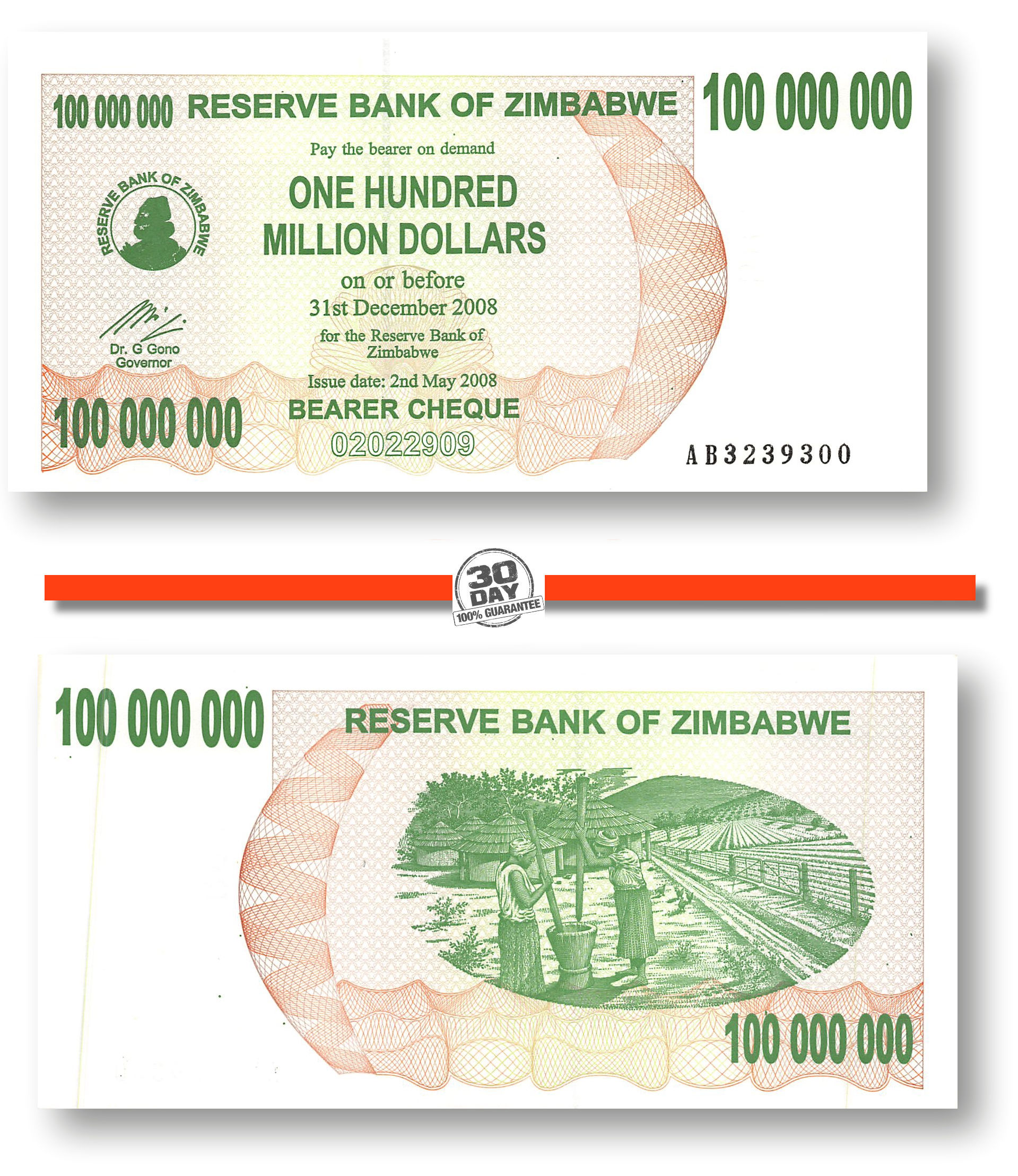 Zimbabwe 100 000 000 Dollars 08 Bearer Cheque Unc