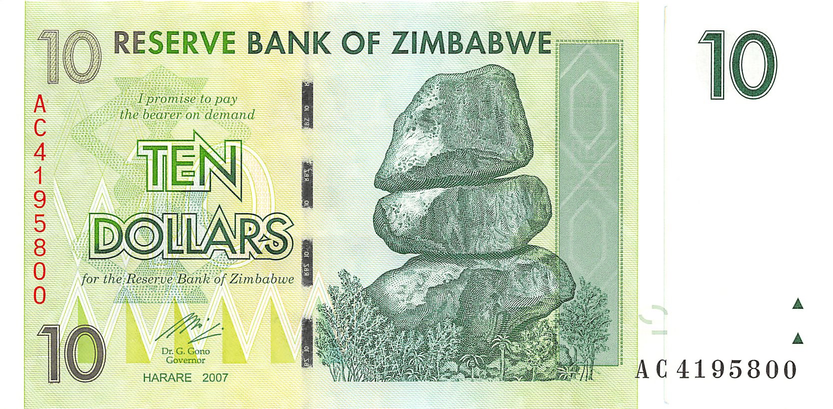 P  67  Uncirculated Banknotes 10  DOLLARS   2007 ZIMBABWE